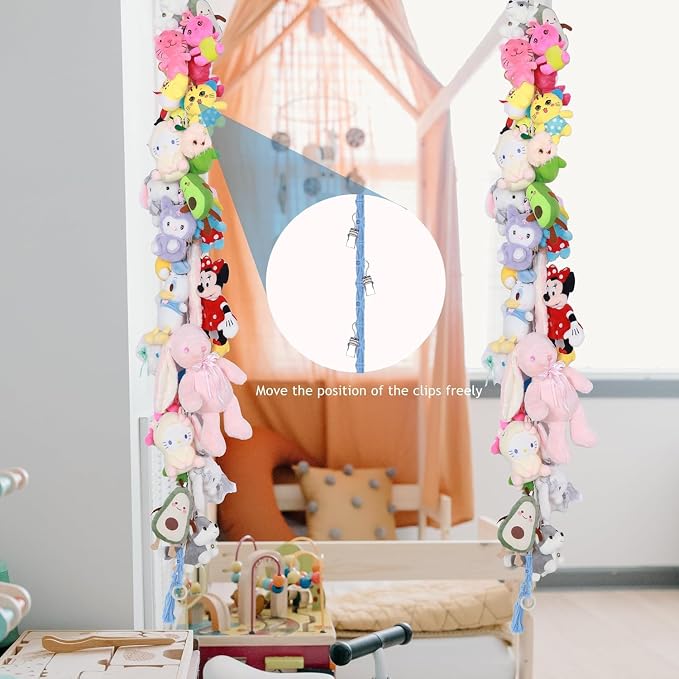 2PCS Stuffed Animals Storage Chain Organizers 80" Cotton Hanging Storage Chain with 2Pcs Led Light 40 Metal Clips Stuffed Animal Display Holder Chain for Nursery Play Room (Blue)