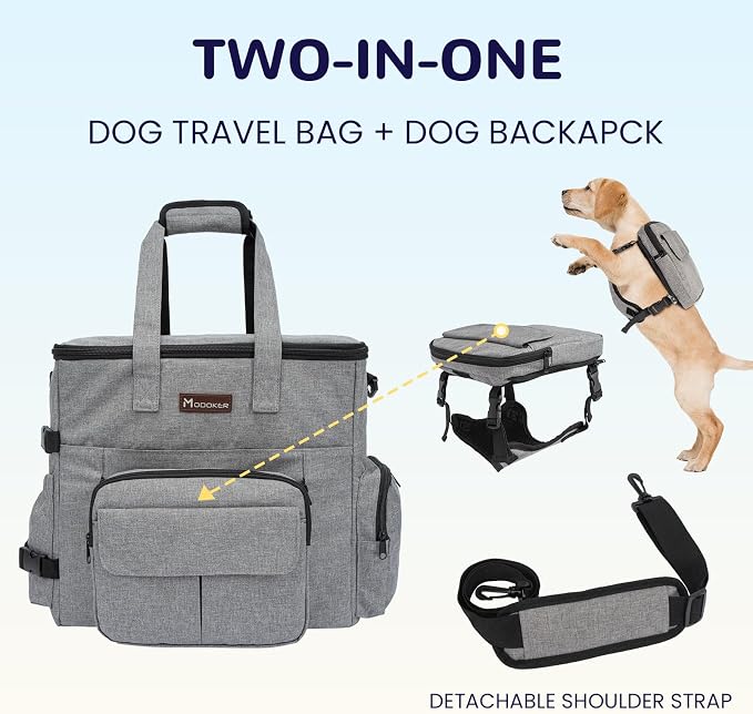 Modoker Dog Travel Organizer with 2 Collapsible Bowls for Supplies & Accessories, Airline Approved Dog Tote Pet Travel Bag with 2 Travel Food Container | Dog travel accessories set with feeding supplies, bowls, mat, and strap. Ideal for weekend trips.