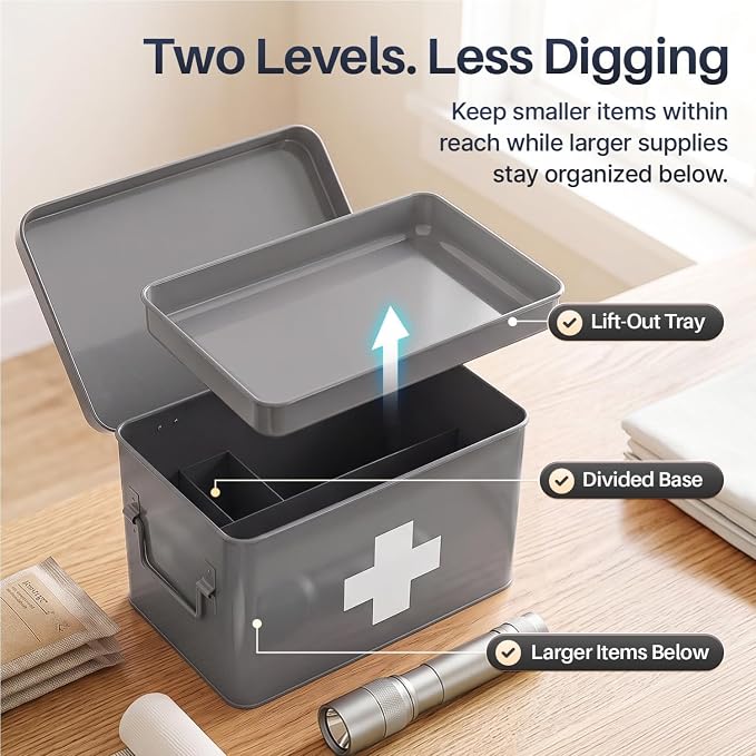 Flexzion Large Metal First Aid Box Empty, 13-Inch, Gray with White Cross | Vintage Medicine Box and First Aid Storage Organizer with Removable Tray and Dividers; Empty Box Only, Supplies Not Included