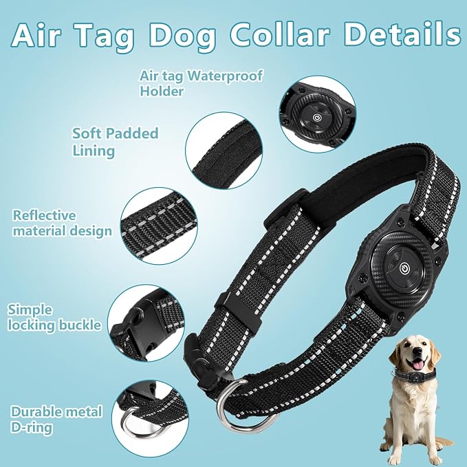 Tracking Dog Collar, Waterproof Pet Collar with a Tracker Tag for Apple Find My (iOS only) (Black, S)