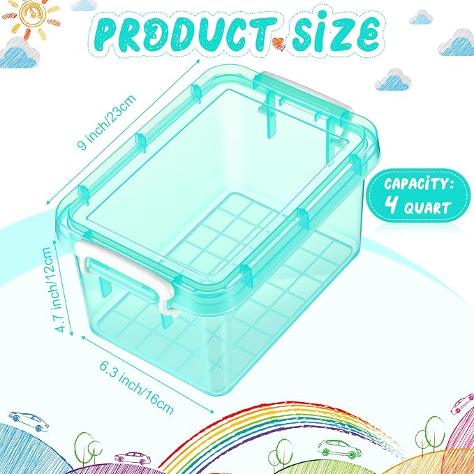 6 Pack Colorful Plastic Storage Bins with Lids 4 Quart Small Storage Latch Box Stackable and Nestable Clear Organizer Bins with Latching Handle and Buckle for Organizing (Teal)