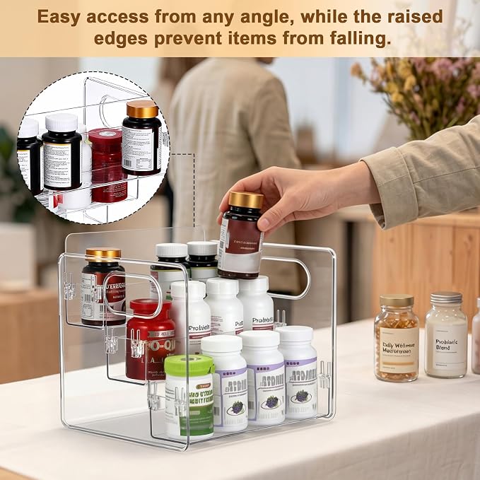 BSTKEY 3 Tier Vitamin Storage Organizer, Acrylic Organizer for Vitamin Bottles Medicine Bottle Prescription Bottles, Pill Bottle Organizer, Spice Rack Vanity Organizer for Cabinet Kitchen Countertop