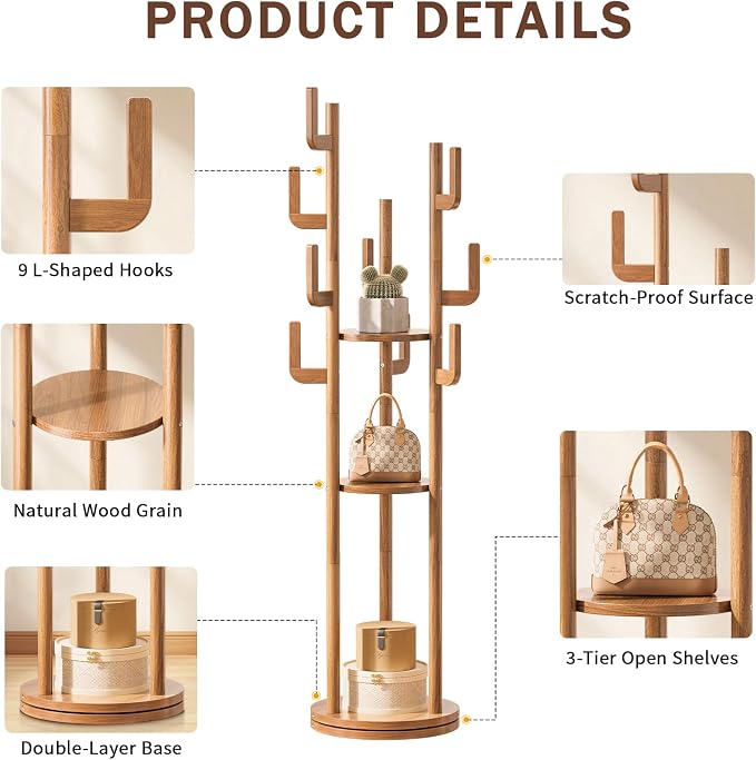 Yoobure Rotary Coat Rack Freestanding - Solid Wood Coat Tree with 9 hooks & 3 Storage Shelves for Purse, Bag, Jacket, Hat, Corner Hanger Stand Racks for Hall, Entryway, Office, Modern Clothes Holder