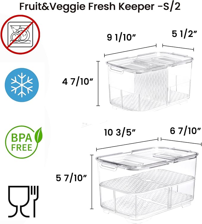 vacane Produce Saver with Lids, 2 Piece Fruit Vegetable Storage Container with Vents Stackable Fridge Drawers Organizer Salad Lettuce Keeper For Refrigerator,Bpa-free Fresh Keeper,5.7L&2.8L