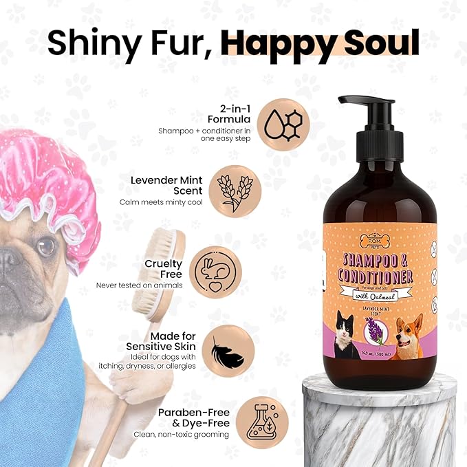 POM Pets 2-in-1 Organic Dog Shampoo & Conditioner – Itchy Skin Relief, Dog Deshedding, Detangles Fur, Cat Shampoo, Paw Cleaner for Dogs, Natural Coat Defense Formula