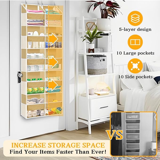 Over the Door Organizer 5 Tiers,Extra Large Behind Door Storage of 10 Compartments,80 lbs Weight Capacity Over the Door Storage, Door Hanging Organizer for Closet, Diaper Organizer, Camel