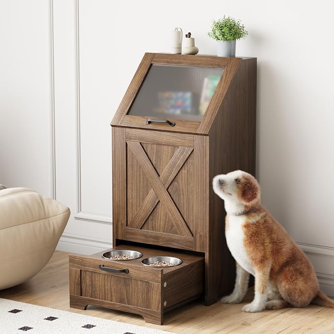 Pet Feeding Station with Storage Cabinet & 2 Elevated Bowls,Hooks,Walnut | Flip-top Sealed Food Bin.Pull-out Bowl Drawer with Wheels.3 Side Hooks+Internal Shelf for Cans.Anti-tip Device.For Dogs/Cats.