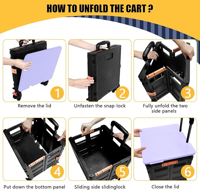 Foldable Utility Cart Portable Rolling Crate Handcart Shopping Trolley Collapsible Tool Box with Rotate Wheels Durable Duty Plastic Telescoping Handle Lid for Travel Move Office School(Purple)