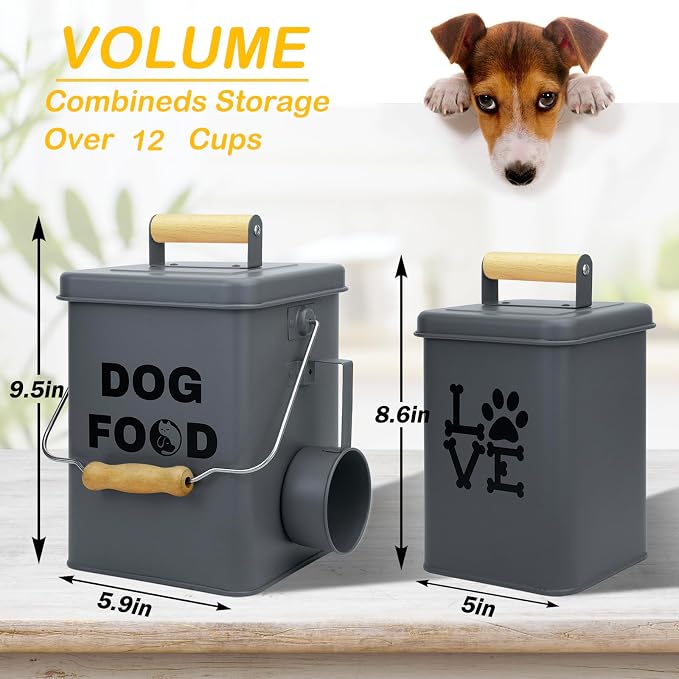 Dog Food Storage Container Set of 2 Dog Treat Container with Airtight Lids Dog Treat Jar with Scoop Metal Dog Food Holder with Wooden Handles for Kitchen Counter and Pantry Home Decor - Grey
