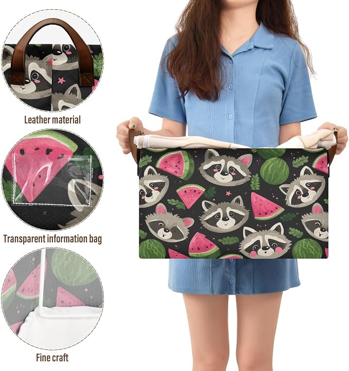Cute Raccoon with Watermelon Storage Basket Foldable Cube Storage Bins with Handles&Label Waterproof Collapsible Organizer Box Bin Large Rectangle Decorative Baskets for Shelves Home Room Laundry-2 PC