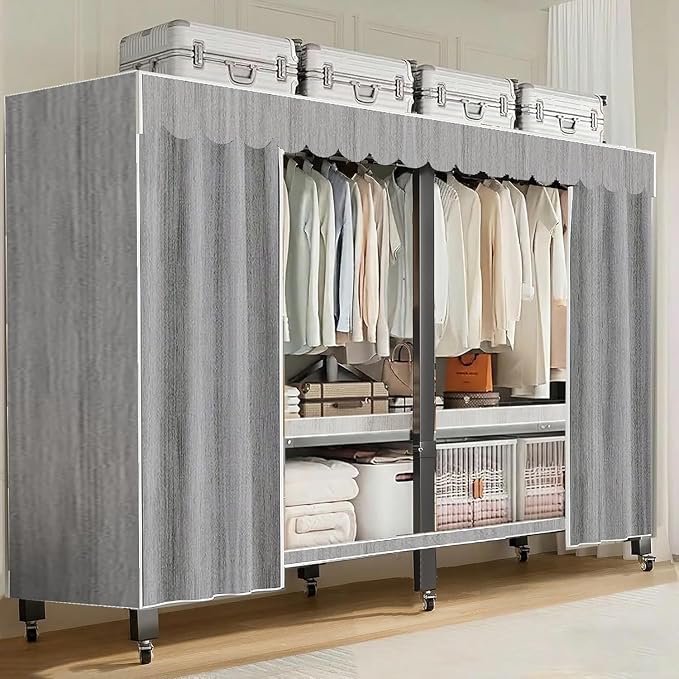 49in Heavy Duty Portable Closet with Gray Cover | Foldable Covered Clothes Rack for Hanging Armoire Wardrobe Closet System Freestanding Coat Storage Garment Racks