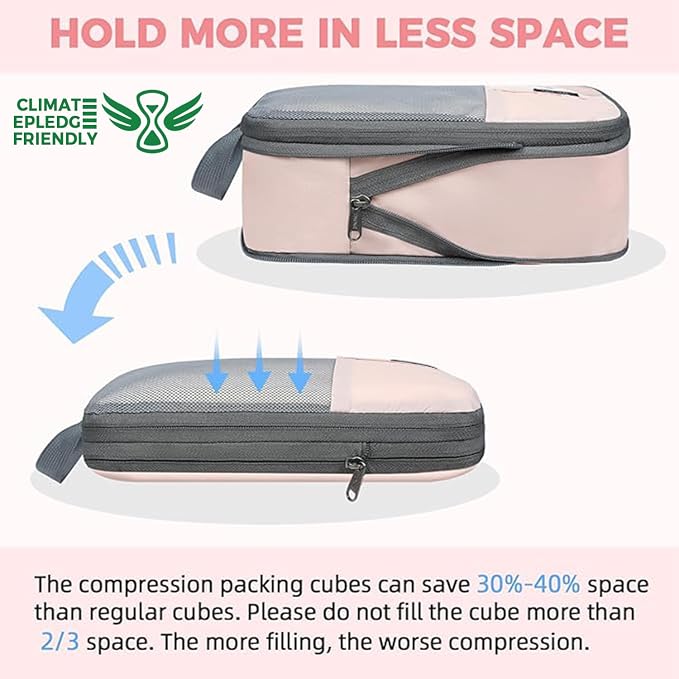 BAGAIL Lightweight Compression Packing Cubes for Travel, 6 Set, Pink | Salis Nylon Fabric,Anti-Tearing,Save Space,SBS Zippers,Packing List,PVC Tag Pocket,Custom Labels,Visible Mesh,Portable Handel