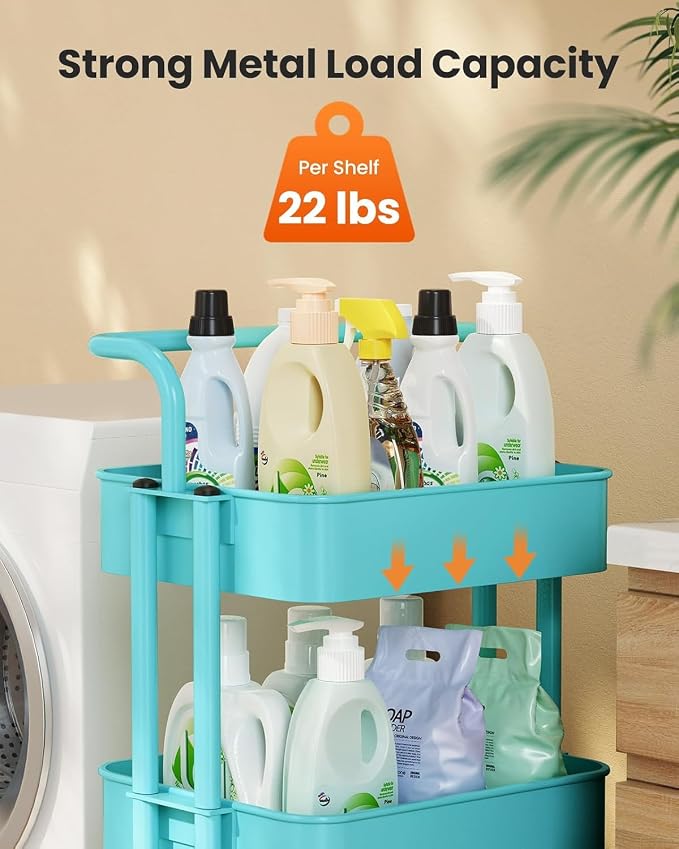 Pipishell Metal 3 Tier Rolling Cart with Handle & Wheels, Turquoise | Four Large 2" Wheels for Easier Movement, Sturdy Metal, Hold 22 lbs per Shelf, Ventilated Mesh Design, for Office and Kitchen