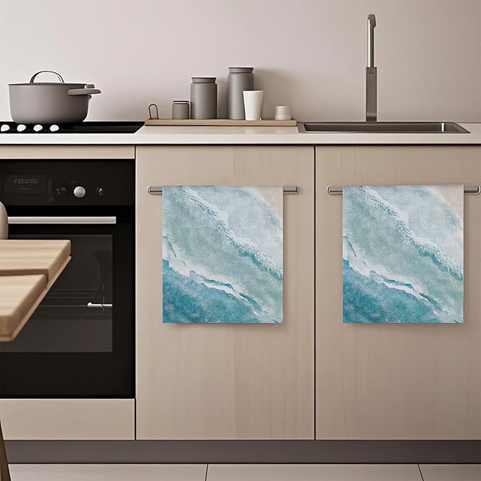 Boho Sea Beach with Waves Hand Towels,Set of 2 Absorbent Bath Towel Kitchen Dish Towel Home Gym Hotel Bathroom Decor,16x24 Inches