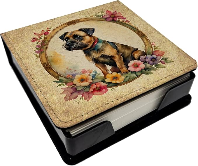 Caroline's Treasures Border Terrier and Flowers PU Leather Note Paper Holder with Artist-Designed Cover, Desk Accessory, Office Gift