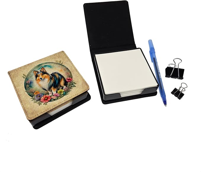 Caroline's Treasures Sheltie and Flowers PU Leather Note Paper Holder with Artist-Designed Cover, Desk Accessory, Office Gift