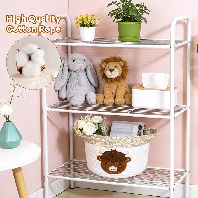 Highland Cow Gift Basket - Small Woven Cotton Rope Organizer Basket for Nursery, Pet Toys & Baby Shower, Foldable Decorative Bin with Handles (7.8x6in)