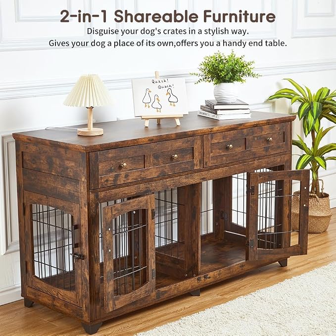 GarveeHome Large Dog Crate Furniture with 2 Drawers and Removable Divider | Detachable divider, dual storage drawers, heavy duty wood frame for two pet dogs indoor
