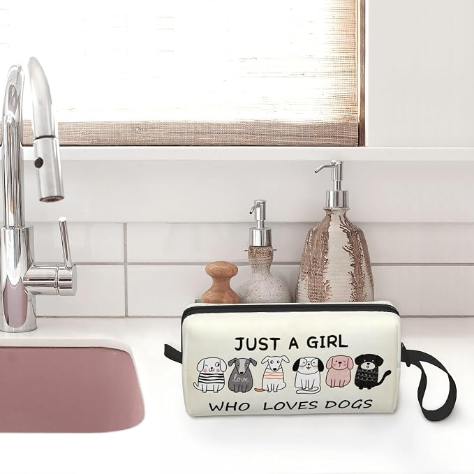 Cute Dog Lover Girl Makeup Bag for Women with Wrist Strap | Durable 600D Oxford Fabric Cosmetic Organizer,Compact Travel Pouch with Handle for Gym & Daily Use