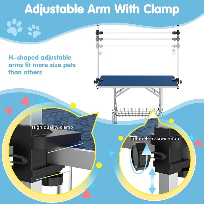 46'' Foldable Dog Grooming Table with Arms/Nooses/Mesh Tray, Blue | Stainless Steel Grooming Table for Dogs at Home, Adjustable Pet Bathing Station, Non-Slip Waterproof Tabletop, Capacity 330Lb