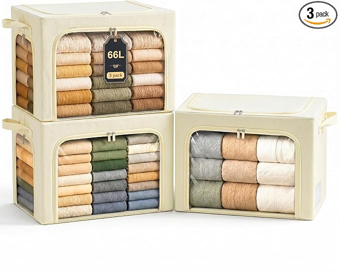 GoMaihe Clothes Storage Bins with Metal Frame for Blanket 3 Pack 66L Beige | Closet Top Shelf Linen Closet, Winter Clothing Bedding Comforters, 3 Side Access Stackable Collapse-Proof See Through Window