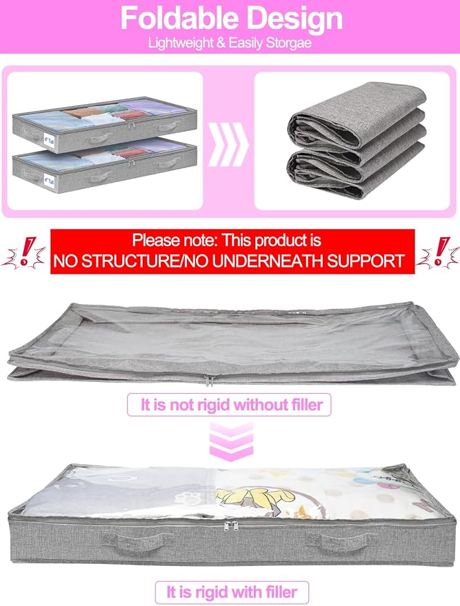 punemi 4 inch High Soft Low Profile Under Bed Storage Bins, 2 Pack, Grey | Foldable Clothes Storage Bag with Zippers & Clear Top, Shallow Design for Under Cabinet, Sofa, Crib & Bed Storage