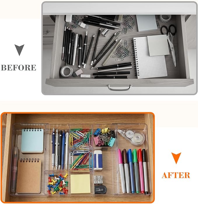 Briwooody 2 Pcs Large Expandable Acrylic Drawer Organizers, Grid Adjustable Drawer, Dividers Organizer for Desk, Makeup, Jewelry, Office, Kitchen Supplies (Transparent,11 Compartments)