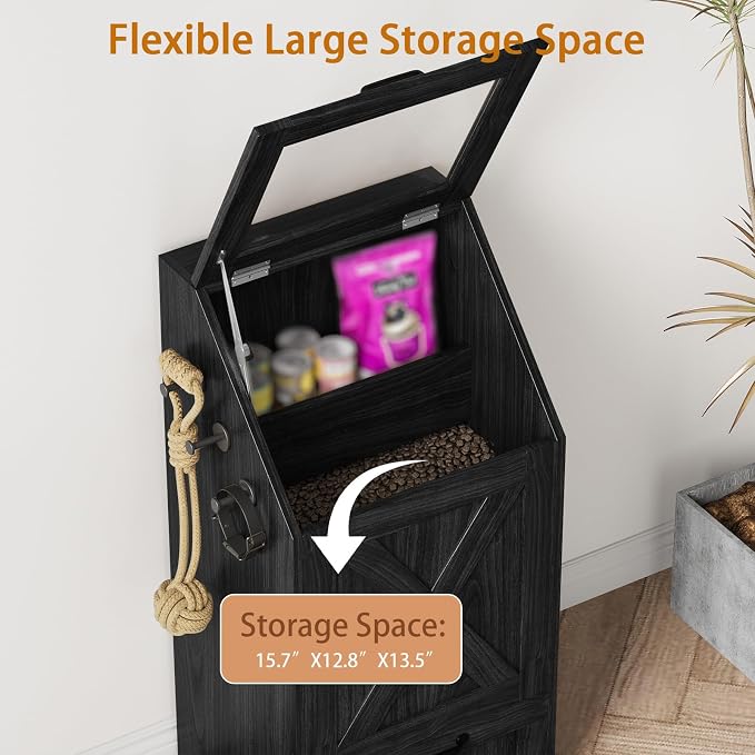 Pet Feeding Station with Storage Cabinet & 2 Elevated Bowls,Hooks,Black | Flip-top Sealed Food Bin.Pull-out Bowl Drawer with Wheels.3 Side Hooks+Internal Shelf for Cans.Anti-tip Device.For Dogs/Cats.