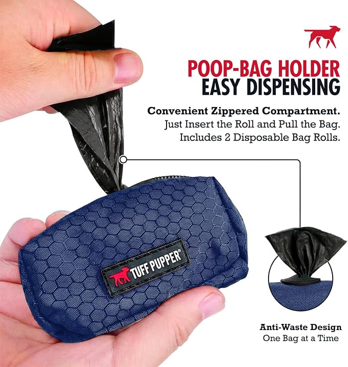 Tuff Pupper Dog Poop Bag Holder | Works with Any Dog Leash | Zippered Waste Bag Dispenser | Waterproof with Rust-Proof Clip | Convenient Lightweight Design | Includes 2 Rolls of Leak-Proof Bags