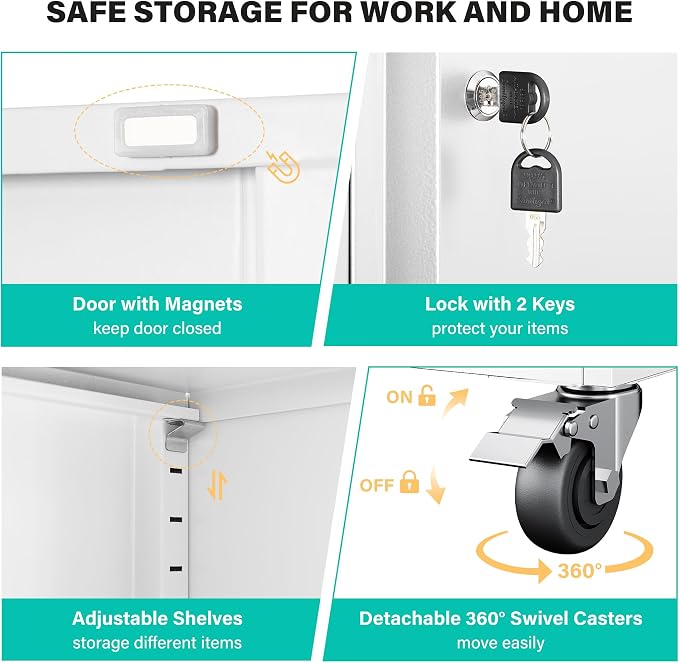 Wide & Deep Metal Storage Cabinet with Wheels,Tall Rolling Garage Storage Cabinet with Lock,White Metal Cabinets with Pegboards and Shelves,Tool Locker for Garage,Home,Office,43''Wx 20''Dx71"H