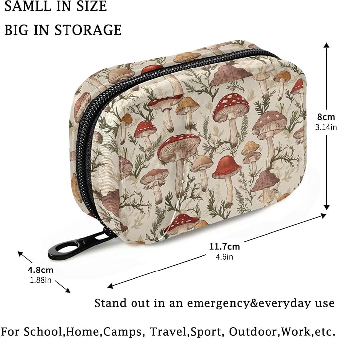 Fustylead Vintage Various Mushroom and Fern Pill Organizers 2 Times A Day Pill Case Bag with Zipper Portable Weekly Pill Dispensers for Vitamin Supplement
