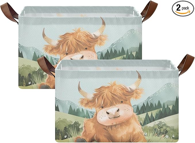 Cute Highland Cow Green Grass Baby Storage Basket with Labels&Handles Rectangular Nursery Storage Bins Collapsible Shelf Organizer Baskets for Kids Books Cloth Gift Basket Toys Laundry, 2 Pack