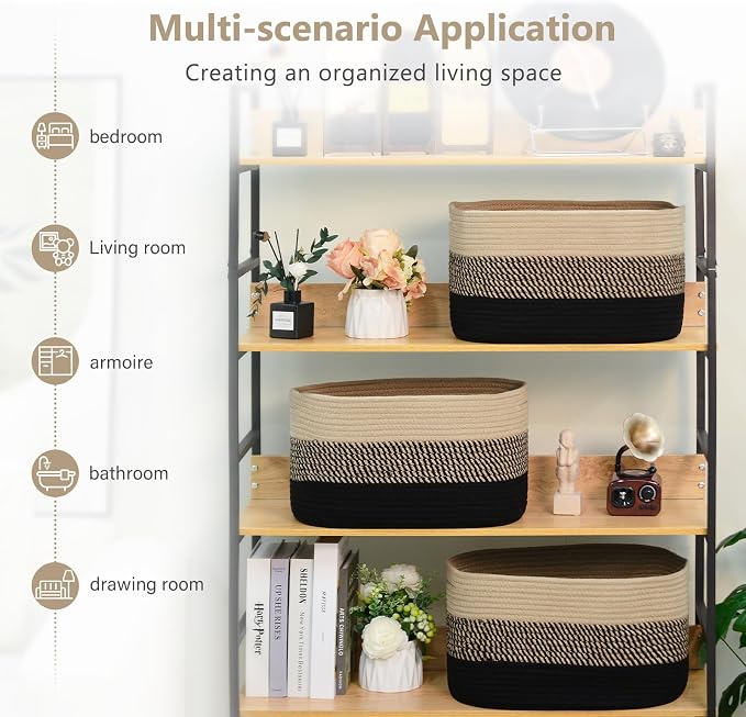 ECDYQXVU 15x10x9 Inch Woven Cotton Rope Storage Basket, 2 Pack | Foldable Design, Built-in Handles, Space-saving Organizer for Living Room, Bedroom, Laundry, Shelves, Clothes, Towels