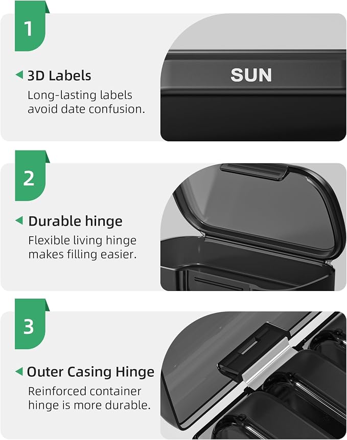 PULIV Weekly Pill Organizer with Large Capacity, Dual Protection (Black) | Pill Box 7 Day, Arthritis Friendly Pill Case Easy to Open, Medicine Organizer for Vitamins, Medication, Fish Oils, Supplement