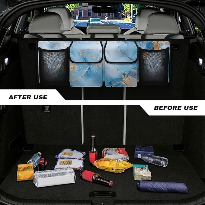 Dreaweet Blue Marble Print Car Trunk Organizer for Sedan Collapsible Car Organizers and Storage with 4 Pockets Hanging Back Seat Organizer Car Storage Accessories Interior for Women Men
