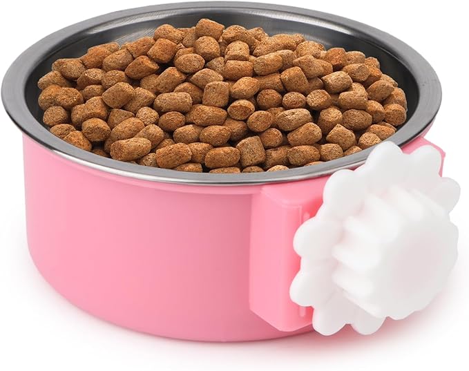 Hypeety Dog Crate Water Bowl No Spill - Hanging Attachable Pet Bowls for Kennel Durable Stainless Steel Food Water Dishes for Small Dogs Cats Rabbits Parrots with Non-Slip Base (Pink)