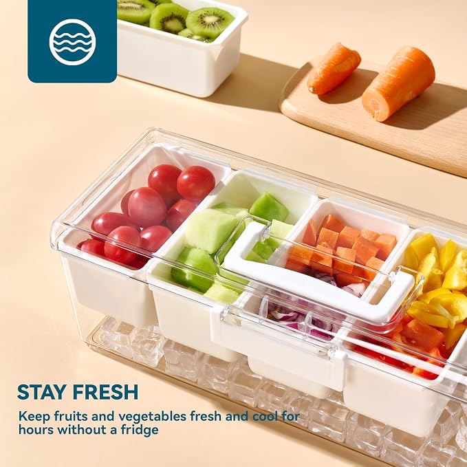 Chilled Condiment Caddy Server with 5 Removable Compartments Containers | Ice Chilled Condiment Tray Organizer, Hidden Handle Design, Garnish Tray Multi-Purpose for Camping, Kitchen, Fruit, Salad