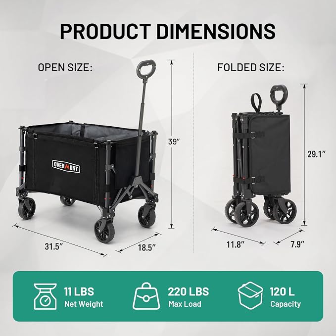 Overmont Ultra Compact Collapsible Wagon Cart, Lightweight Foldable Wagon with All Terrain Wheels, 120L Utility Wagon for Grocery Shopping, Daily Use, Camping & Sport | Shopping Cart with Wheels for Groceries Hauling Utility Wagon for Beach, Garden, Ca...