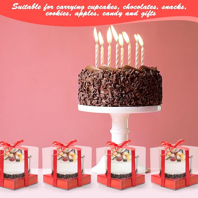 12 PCS Clear Cupcake Boxes 3.5 Inch Cupcake Containers (Red) | Disposable Cupcake Carrier Plastic Individual Cupcake Storage Holder with Ribbons and Inserts for Wedding, Birthday Party