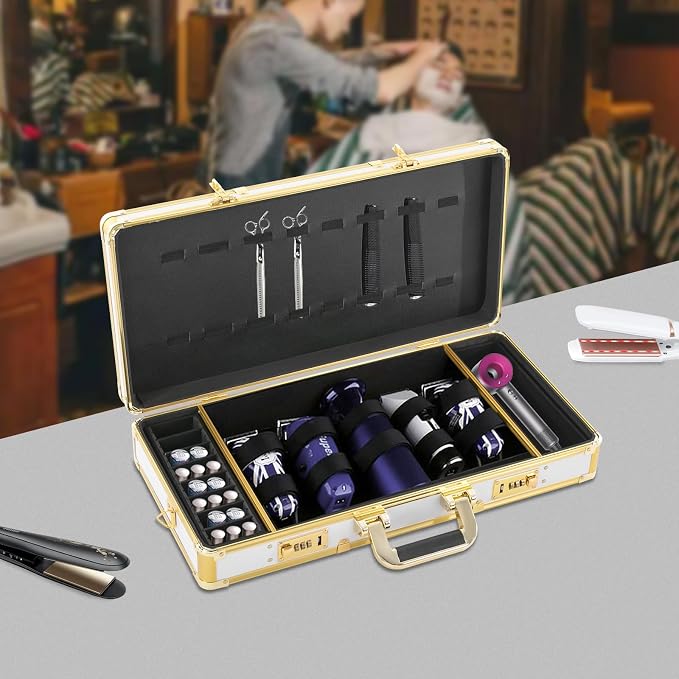 Barber Case, Professional Barber Carrying Case with Shoulder Strap & Combo Locks, Portable Hair Stylist Tool Box, Pet Beauticians Cutting Grooming Kit Storage Organizer, 21.65*10.63*4.33in White+Gold