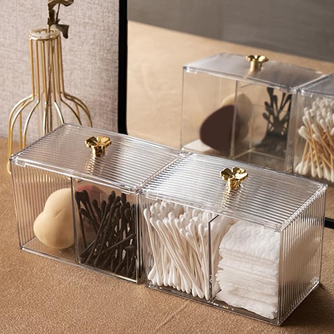 Cotton Pad Storage Box Cotton Swab Container Transparent Cosmetic Organizer with Lid Grid for Makeup Vanity Desk Decoration Durable PET Plastic 248g