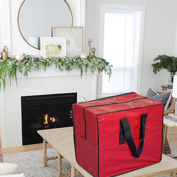 Christmas Ornaments Storage, Holiday Accessories Bag Tear-Proof Tarp 18 X 10 X 15 with Handles and Full Length Zipper (Red)
