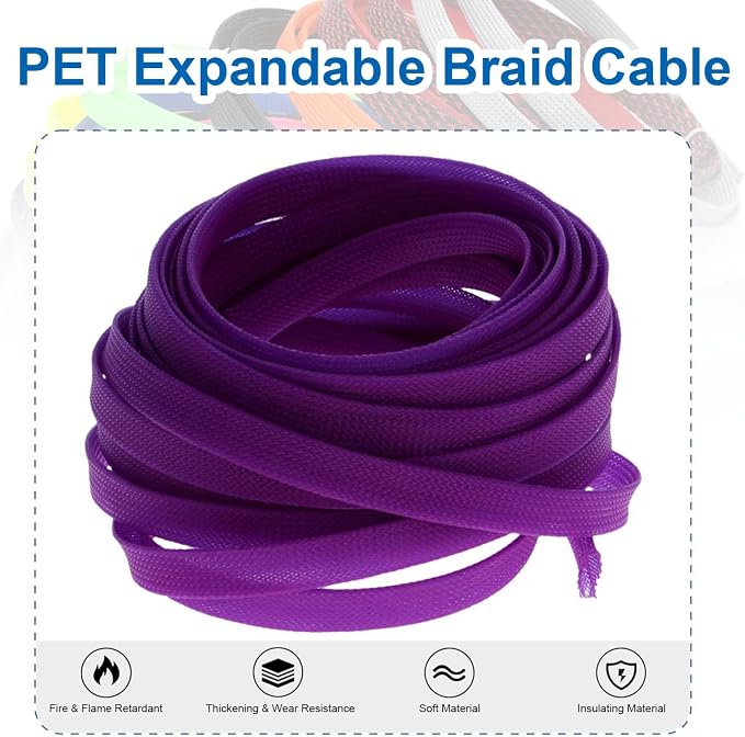 Heyiarbeit 10m/32.8ft PET Expandable Braid Cable Sleeving Flexible Wire Mesh Sleeve Purple 12mm
