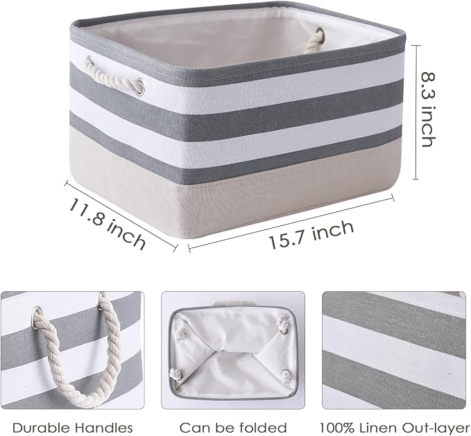 Storage Basket Fabric Basket with Handles Dog Toy Basket Cloth Storage Bin Shelf Basket Decorative Storage Basket Shoe Basket Gift Basket(Grey&White Stripes-1 Pack,15.7L×11.8W×8.3H)