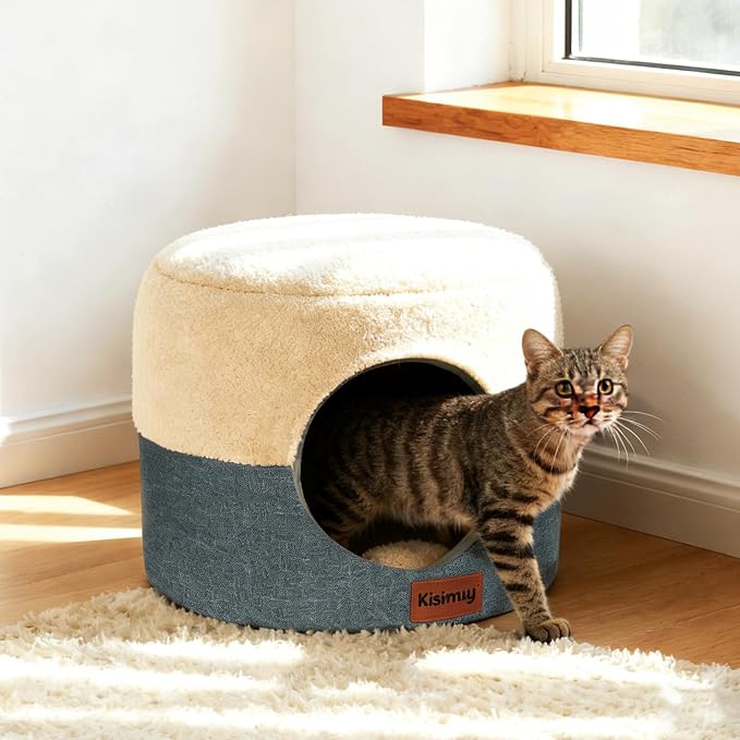 2-in-1 Foldable Cat Bed for Indoor Cats, Cat Cave & Sofa Bed | 15.7"D x 13"H, Reversible Plush & Linen Cushion,Enclosed Cat Bed, Hanging Cat Toys, Non-Slip, Small Cat House, Grey