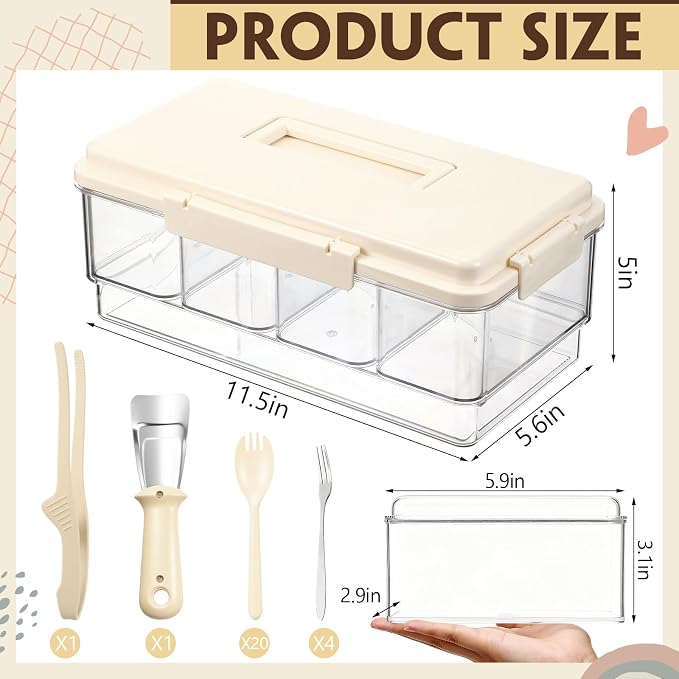 Chilled Condiment Caddy with Handle 4 Containers Taco Bar Serving set for a Party 1 Tong, 1 Ice Scraper, 4 Metal Forks, 20 Spoons for Mimosa Bar Supplies Accessories(Beige)