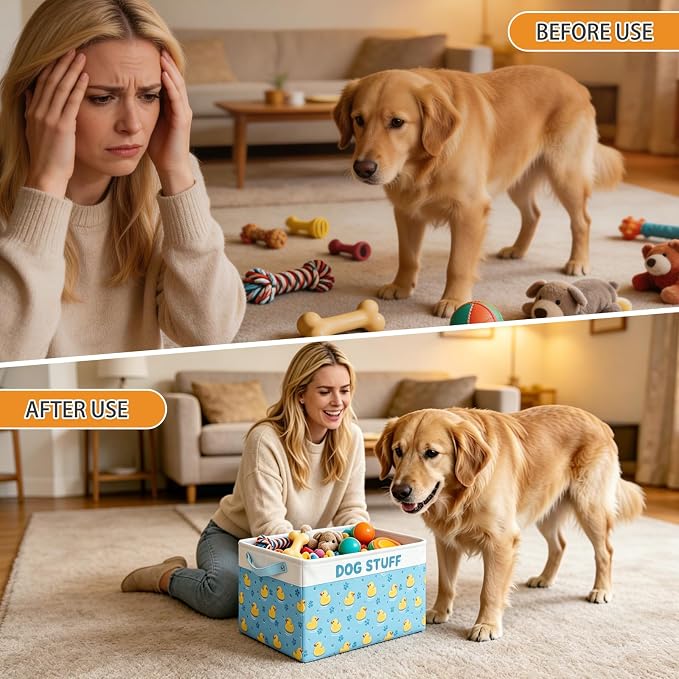 Dog Toy Basket, Collapsible Dog Toy Bin Box with Drawstring Cinch Top &Handles, Pet Food Storage Organizer for Dog Toys, Apparel, Blankets and Leashes, Blue, Yellow Duck, M, 15.3"x11"x9.5"