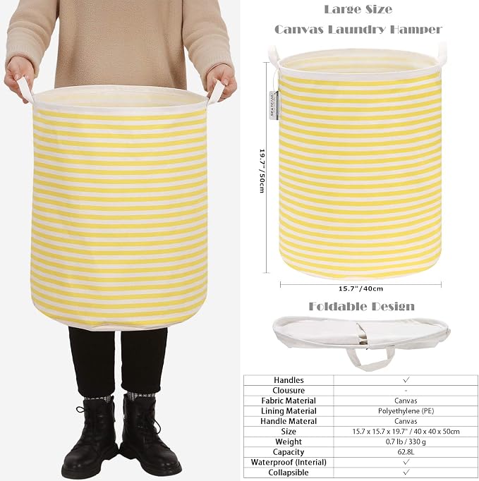 Sea Team Large Canvas Laundry Basket with Handles, Yellow Stripes | Collapsible Fabric Laundry Hamper, Closet Shelf Organizers, Containers for Clothing, Blankets, Toys, Bedding, 19.7 x 15.7”