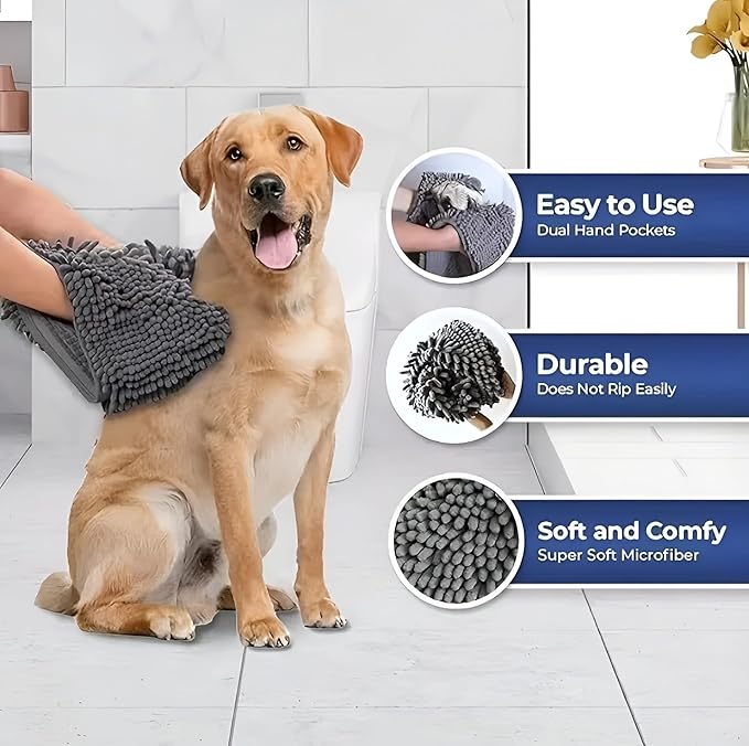Super Absorbent Dog Drying Towel - 24.4''x10'' Chenille Microfiber Pet Bath Towel with Dual Hand Pockets, Quick Dry Soft Grooming Towel for Small Medium Large Dogs and Cats, Machine Washable (Gray)