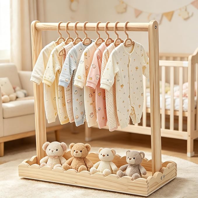 Wooden Baby Clothing Rack for Toddler, Baby Shower Crate Closet, Baby Storage Crate with Hangers, Pets Clothes Rack with Storage Box & Hanging Rod for Dogs Cats, Newborn Gifts Basket (Wavy)